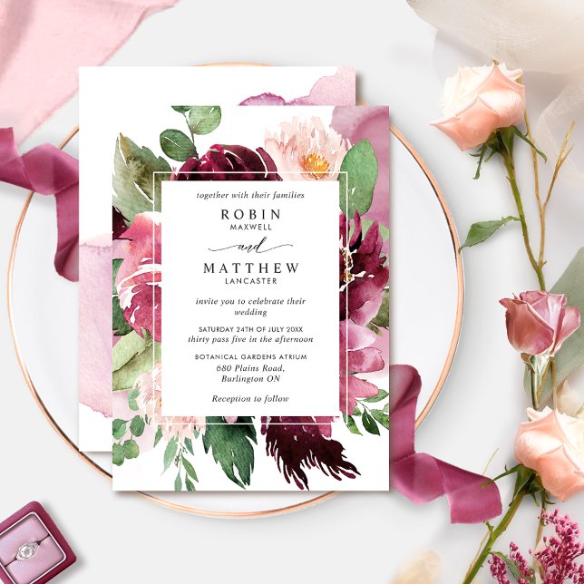 Invitación Berry elegante, Boda floral rosa de Borgoña (Subido por el creador)