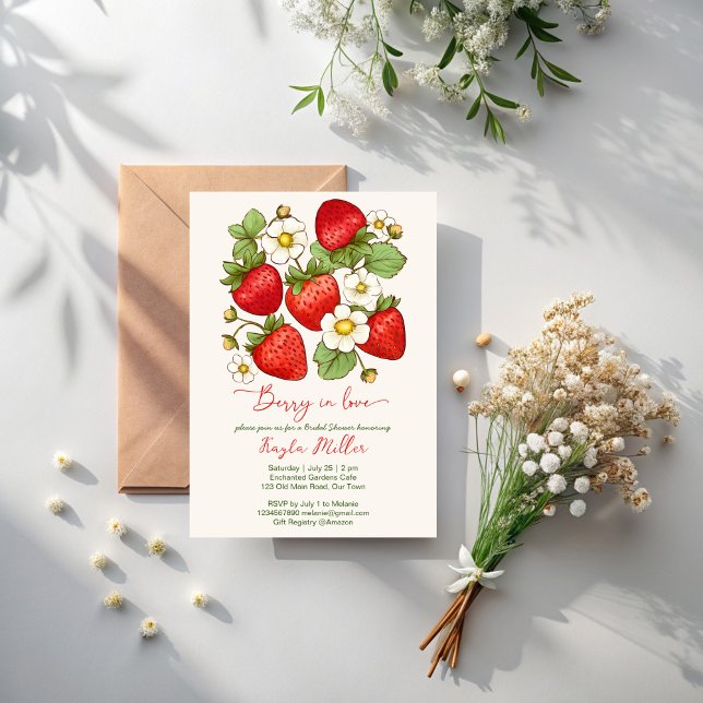 Invitación Berry en la ducha de novias de fresa enamorada (Berry in love summer fruit strawberry bridal shower invitation template instant download)