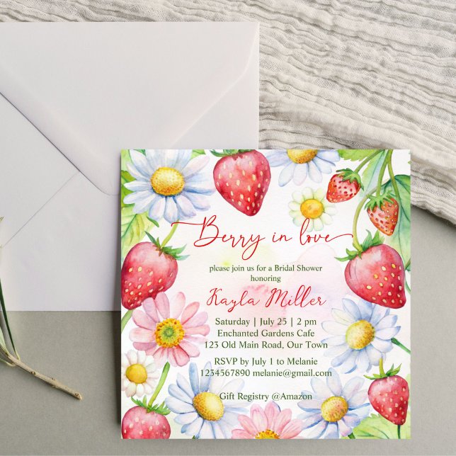 Invitación Berry en la ducha de novias de fresa enamorada (Berry in love strawberry bridal shower invitation editable template instant download daisies summer)