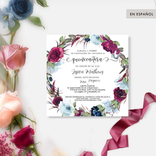 Invitación Berry español, Wreath rojo borgoña Quinceañera (Subido por el creador)