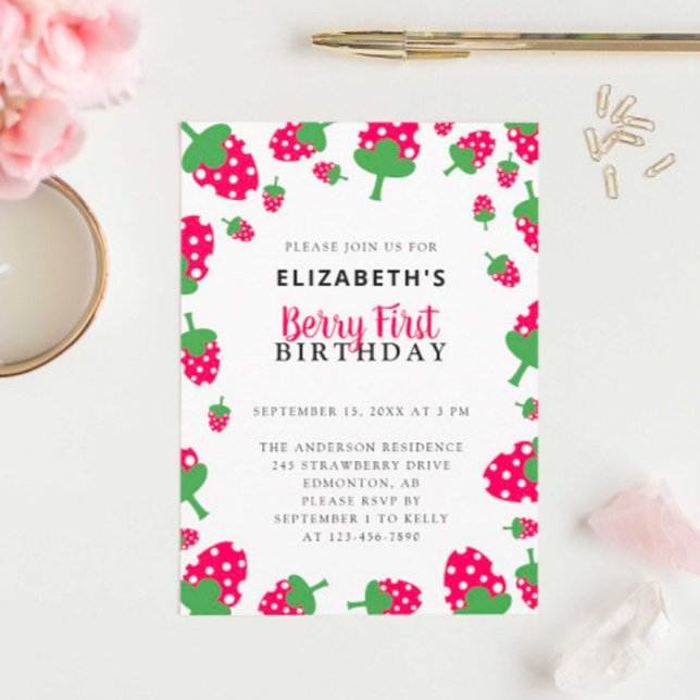 Invitación Berry First Birday Cute Strawberry (Subido por el creador)