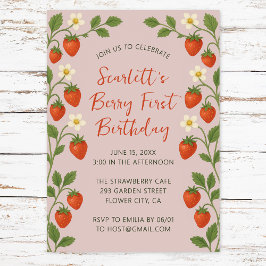 Invitación Berry First Birday Cute Strawberry Floral Pink