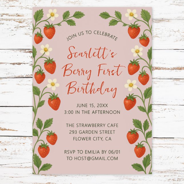Invitación Berry First Birday Cute Strawberry Floral Pink (Subido por el creador)