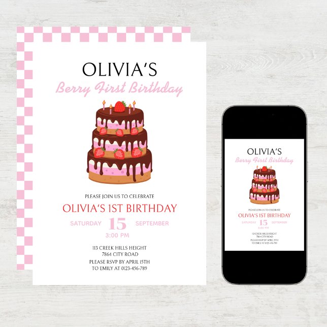Invitación Berry First Birday fresa Pastel Cumpleaños (Subido por el creador)