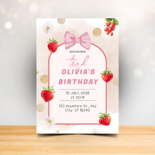 Invitación Berry First Birday Red Strawberry Daisy Fiesta