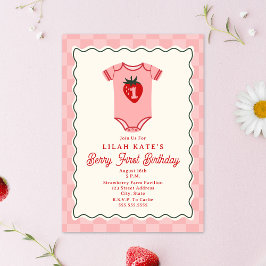 Invitación Berry First Birday Strawberry Checker Bodysuit