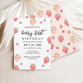 Invitación Berry First Birday Stylish Pink Strawberry
