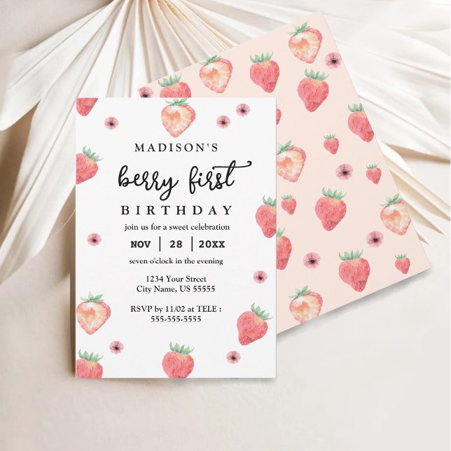 Invitación Berry First Birday Stylish Pink Strawberry (Subido por el creador)