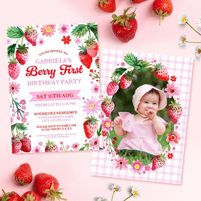 Invitación Berry First Birday Watercolor Strawberries Photo (Berry First Birthday Watercolor Strawberries Photo Invitation)