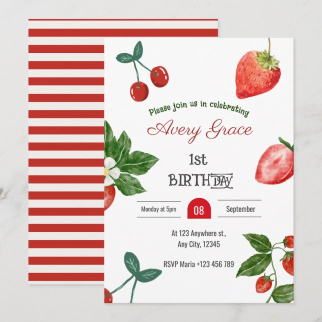 Invitación Berry First Birries & Strawberries (Anverso / Reverso)