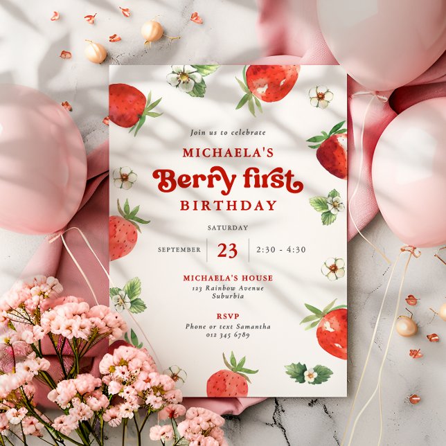 Invitación Berry First Birth Watercolor Fresas (Subido por el creador)