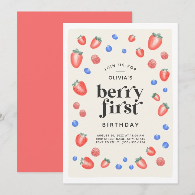 Invitación Berry First Birthday (Anverso / Reverso)