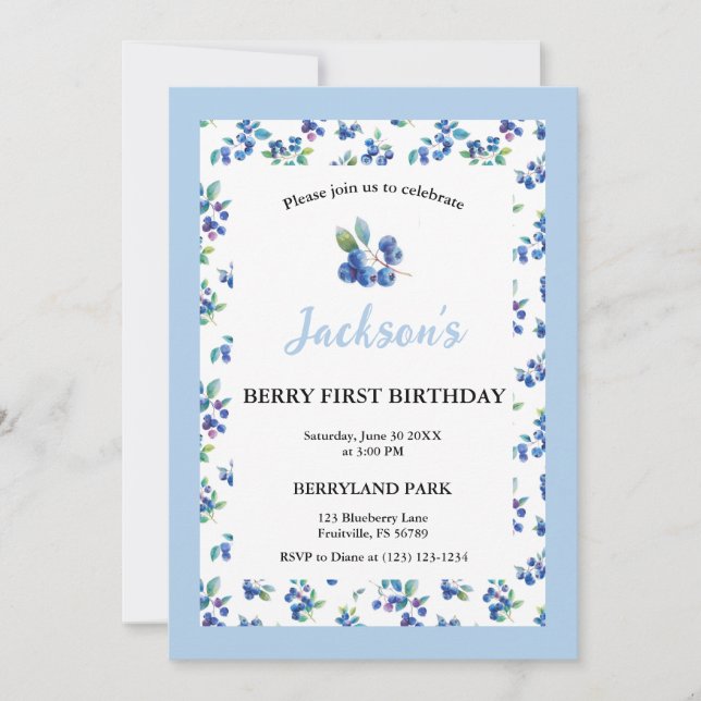 Invitación Berry First Birthday Blueberry Gingham Invite (Anverso)
