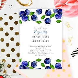 Invitación Berry First Birthday Blueberry Watercolor Elegante