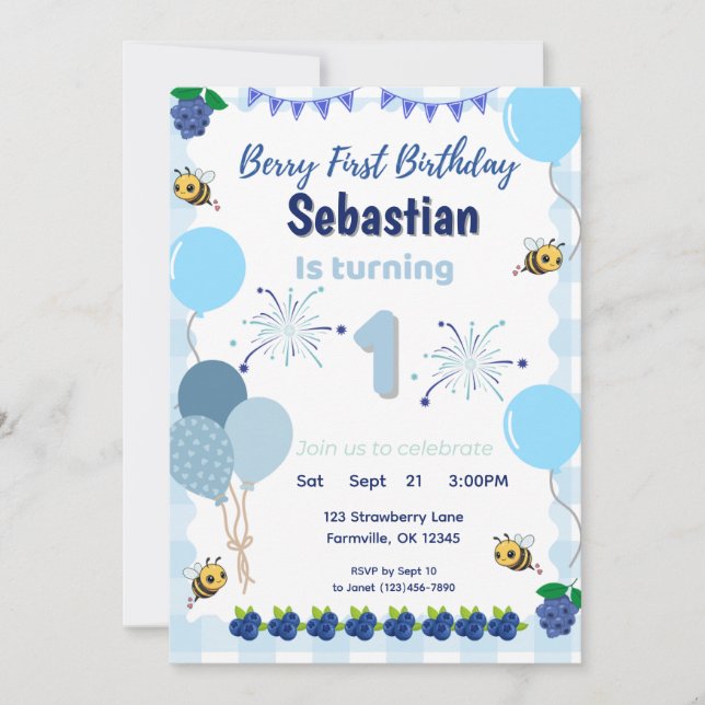 Invitación Berry First Birthday - Boys invitados (Anverso)