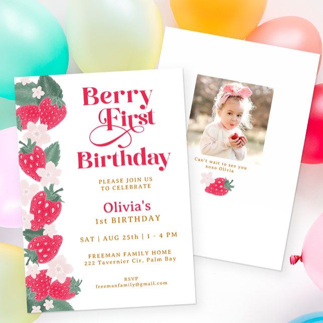 Invitación Berry First Birthday Chica Strawberry Fiesta (Berry First Birthday Party Invitation)