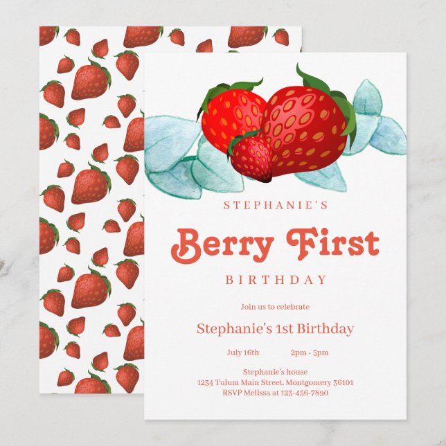Invitación Berry First Birthday Fiesta (Anverso / Reverso)