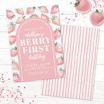 Invitación Berry First Birthday Fiesta<br><div class="desc">Un adorable y jovencito tema de primer cumpleaños "Berry First" con fresas color agua rosadas con hojas verdes. Una tipografía de escritura blanca adorable mezclada con un tipo de letra serif negrita, así como un tipo de letra simple en un arco rosa rubor. Puedes cambiar los colores de las fuentes...</div>