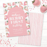 Invitación Berry First Birthday Fiesta<br><div class="desc">Un adorable y jovencito tema de primer cumpleaños "Berry First" con fresas color agua rosadas con hojas verdes. Una tipografía de escritura blanca adorable mezclada con un tipo de letra serif negrita, así como un tipo de letra simple en un arco rosa rubor. Puedes cambiar los colores de las fuentes...</div>