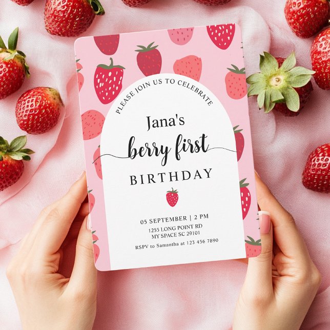 Invitación Berry First Birthday Party | Fresa roja y rosa (Subido por el creador)