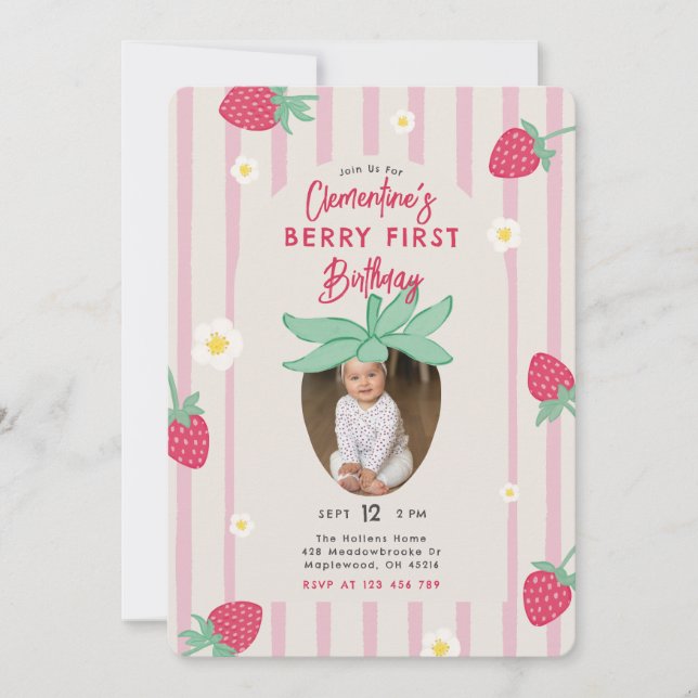 Invitación Berry First Birthday Party Invitation with Photo (Anverso)