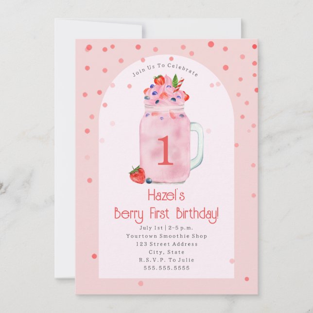 Invitación Berry First Birthday Party Smoothise Pink (Anverso)