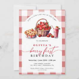 Invitación Berry First Birthday picnic gingham