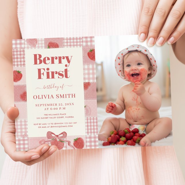 Invitación Berry First Birthday Pink Bow Cute Photo (Subido por el creador)