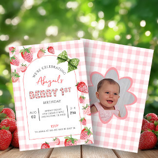 Invitación Berry First Birthday Pink Gingham Photo Invitation