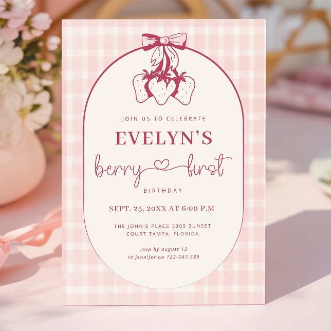 Invitación Berry First Birthday Pink Red Bow Strawberry (Subido por el creador)