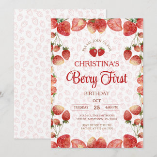 Invitación Berry first birthday pink strawberry cute girl
