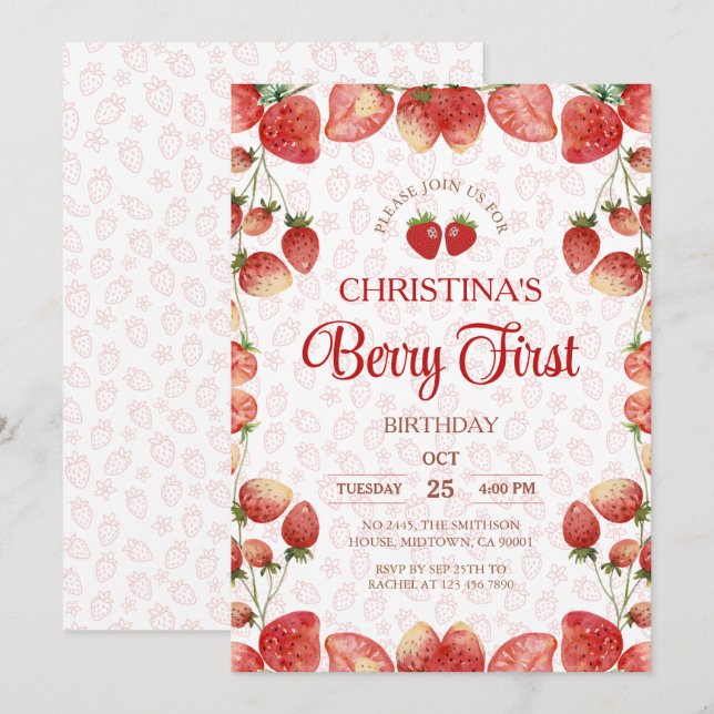 Invitación Berry first birthday pink strawberry cute girl (Anverso / Reverso)