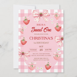 Invitación Berry first birthday pink strawberry gingham girl