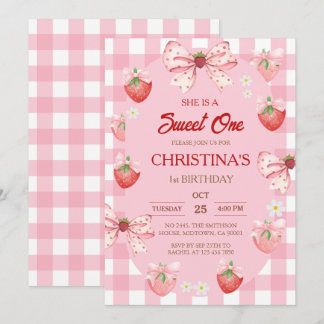 Invitación Berry first birthday pink strawberry gingham girl