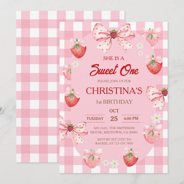 Invitación Berry first birthday pink strawberry gingham girl (Anverso / Reverso)