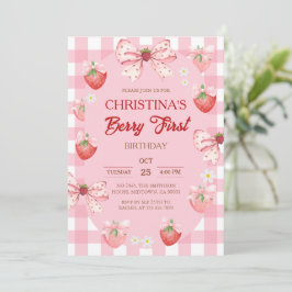 Invitación Berry first birthday pink strawberry gingham girl