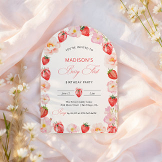 Invitación Berry First Birthday Strawberry Bow 1st Birthday