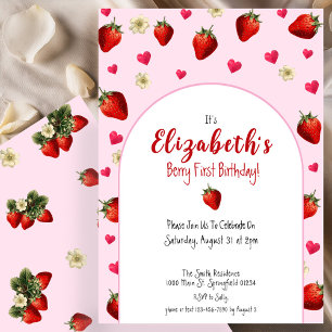 Invitación Berry First Birthday Strawberry rojo y rosa 1