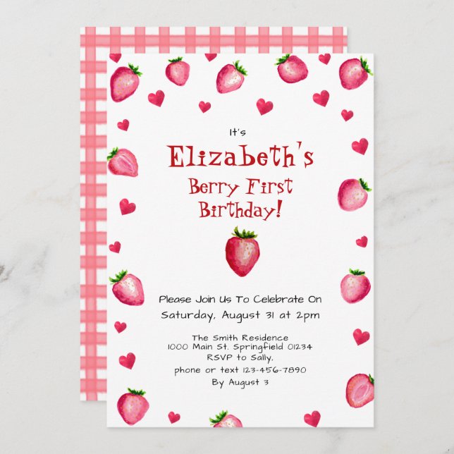 Invitación Berry First Birthday Strawberry Summer Gingham 1ª (Anverso / Reverso)