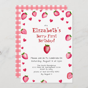 Invitación Berry First Birthday Strawberry Summer Gingham 1ª