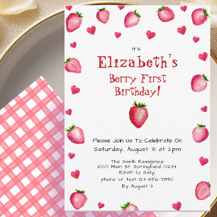 Invitación Berry First Birthday Strawberry Summer Gingham 1ª