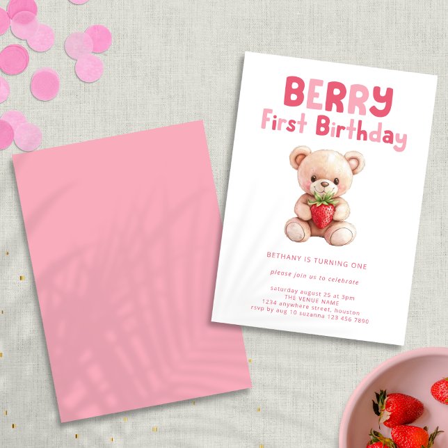 Invitación Berry First Birthday Teddy Bear 1er cumpleaños (front and back view)