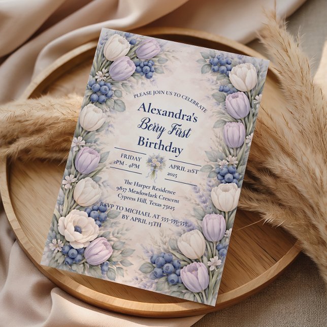 Invitación Berry First Blue Floral Garden 1st Birthday (Subido por el creador)