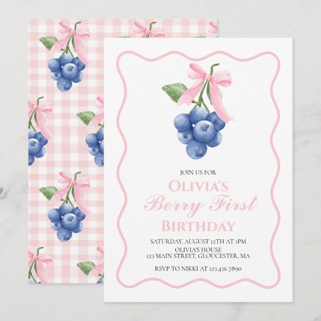 Invitación Berry First Blueberry Bow Coquette cumpleaños (Anverso / Reverso)