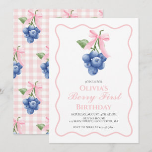 Invitación Berry First Blueberry Bow Coquette cumpleaños