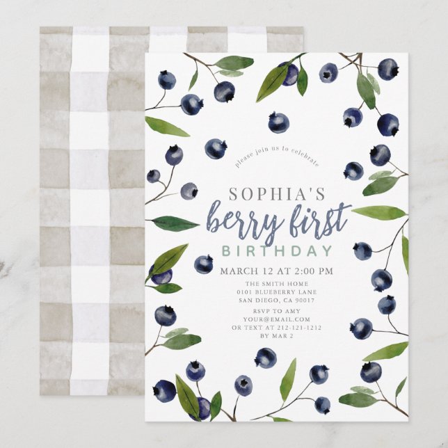 Invitación Berry First Blueberry Greenery 1º cumpleaños (Anverso / Reverso)