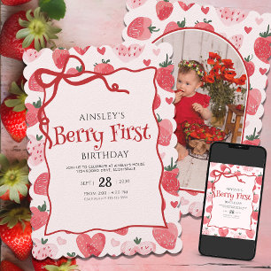 Invitación Berry First Coquette Pink Bow Photo 1er cumpleaños