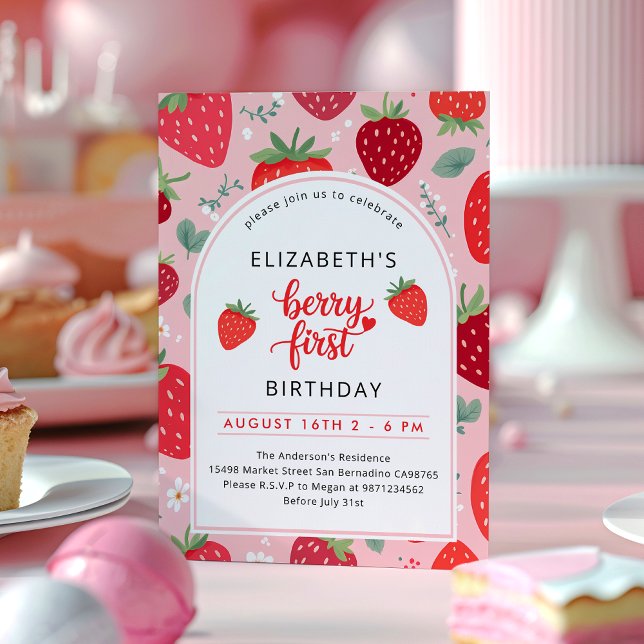 Invitación Berry First Cute 1er cumpleaños foto de fresa (Subido por el creador)