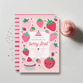 Invitación Berry First Cute Strawberry Frame Red 1er cumpleañ