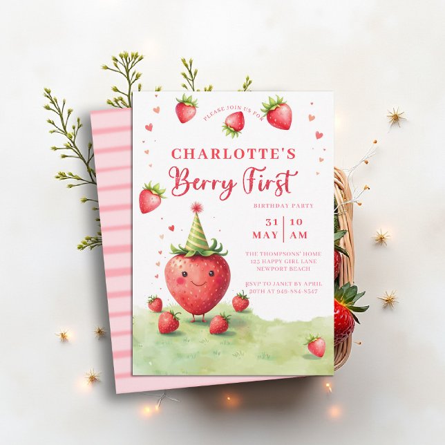 Invitación Berry First Cute Strawberry Patch 1st Birthday (berry first birthday party invitation girls cute strawberry 1st watercolor summer farmhouse cottage )